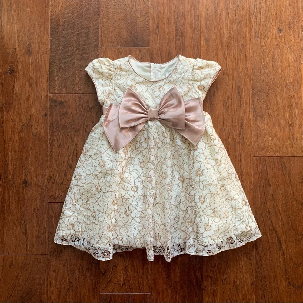 Rare Edition Girls Ivory Lace Party Dress Bow Flower Girl | Size 2T
